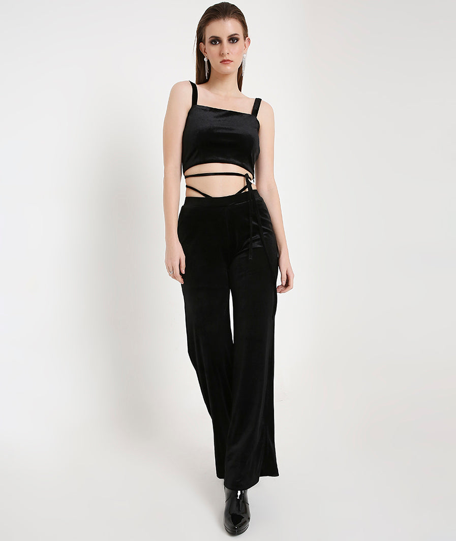 Velvet Crop Top with Slim Straps-Black