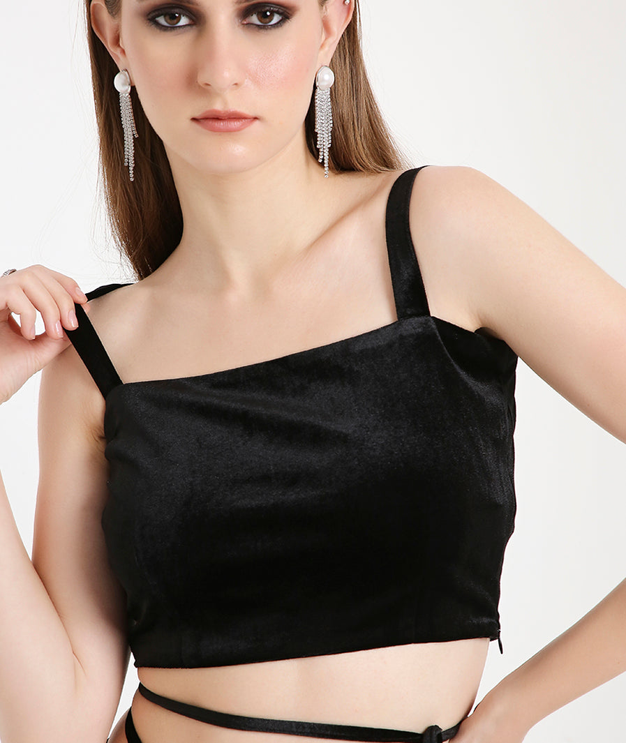 Velvet Crop Top with Slim Straps-Black