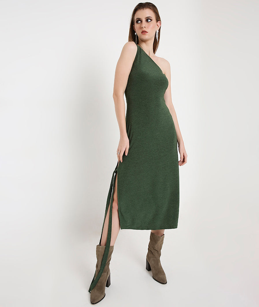 Green Off-Shoulder Cocktail Dress with a Side Sash