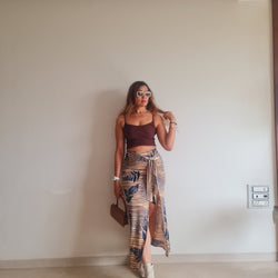 Brown Bamboo Print Front Knot Skirt