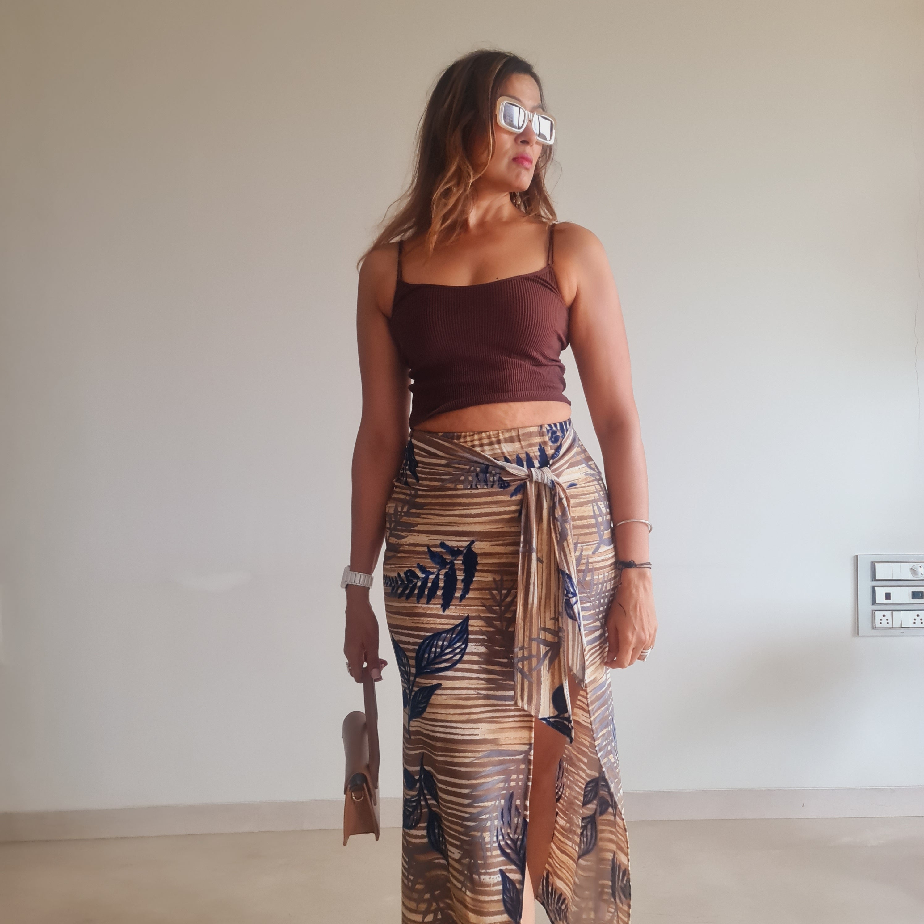 Brown Bamboo Print Front Knot Skirt