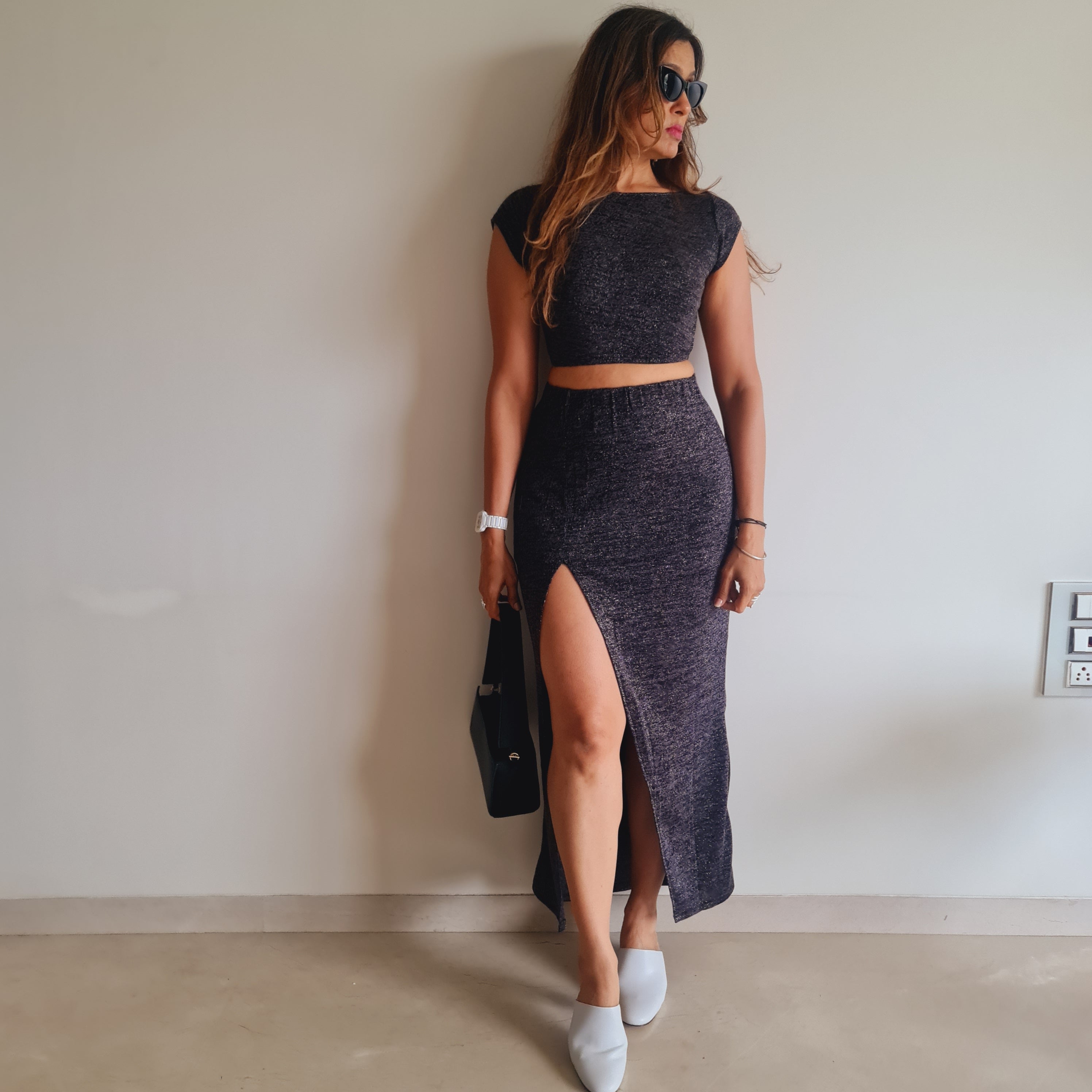 Black Shimmer Boat Neck Top + Front Slit Skirt Set