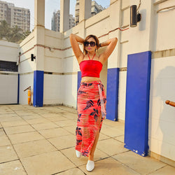 Red Beach Crop Top + Bamboo Print Front Knot Skirt