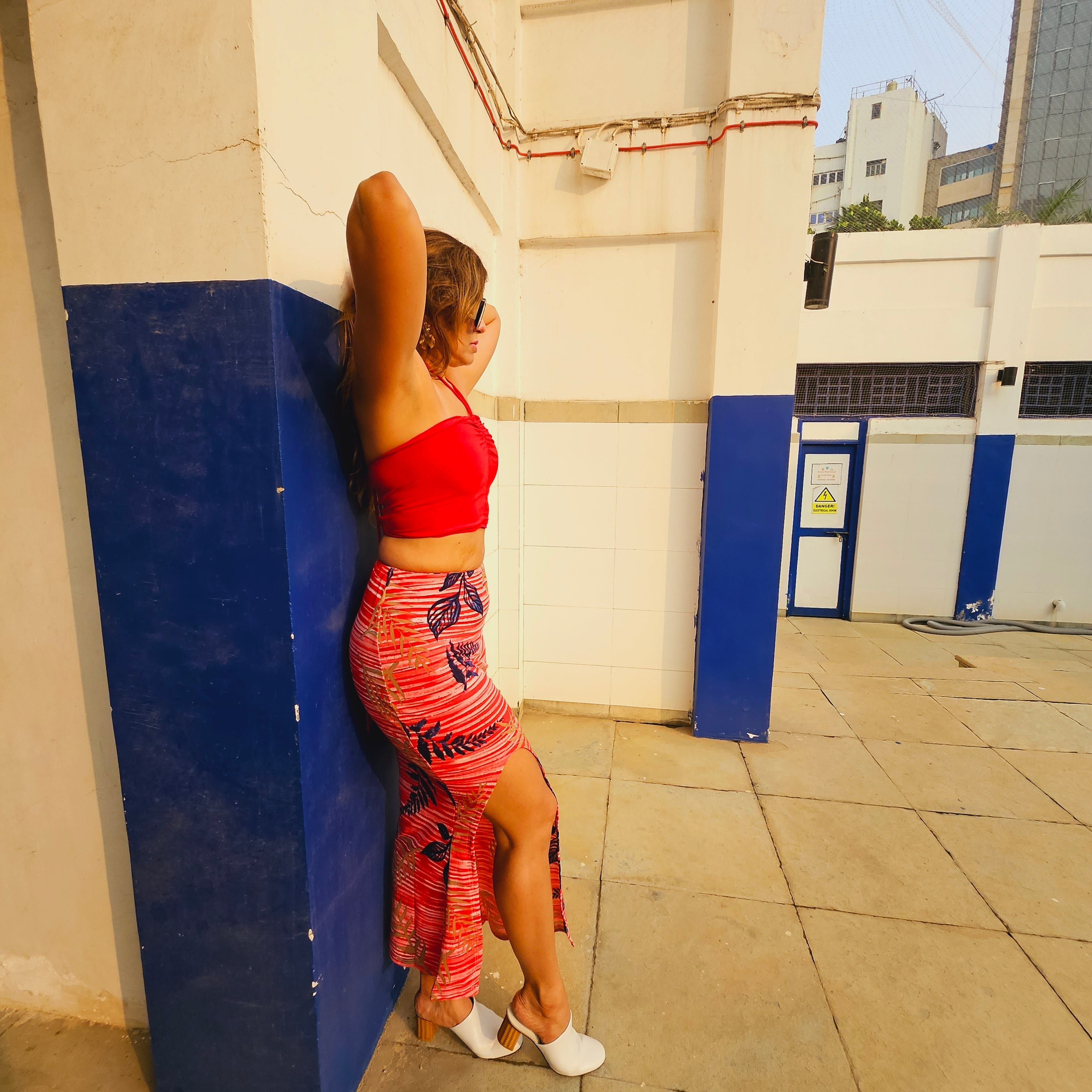 Red Beach Crop Top + Bamboo Print Front Cut Skirt Set