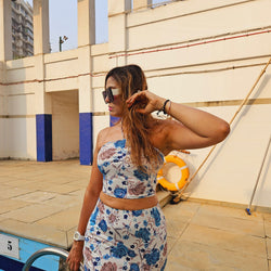 Blue Floral Beach Crop Top + Front Slit Skirt Set