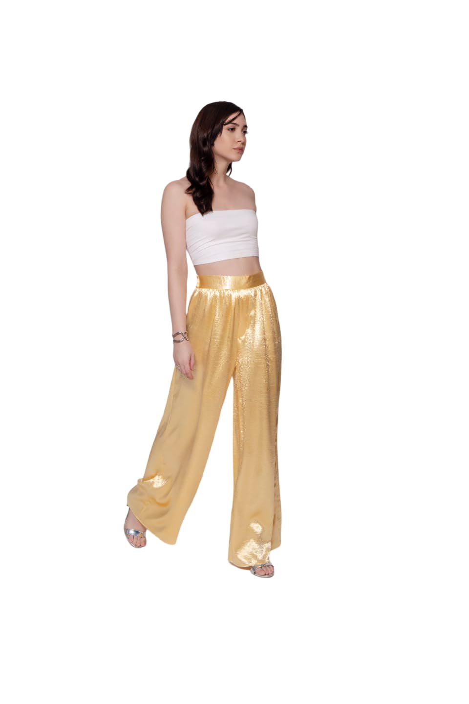 MARCEL & MAE Women's Satin Wide-Leg Pants | High-Waisted Flowy Trousers | Shimmer Finish for Party, Evening & Festive Wear (US, Alpha, X-Small, Regular, Regular, Black) Gold