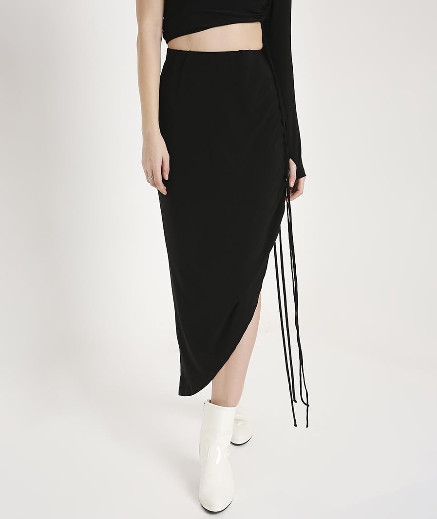 Ruched Drawstring Asymmetrical Midi Skirt