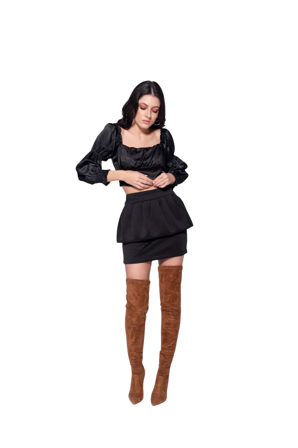 MARCEL & MAE Women's Black Peplum Mini Skirt | High Waisted Bubble Hem Party | Short Skirt for Spring Summer Outfits (US, Alpha, X-Small, Regular, Short, Black)