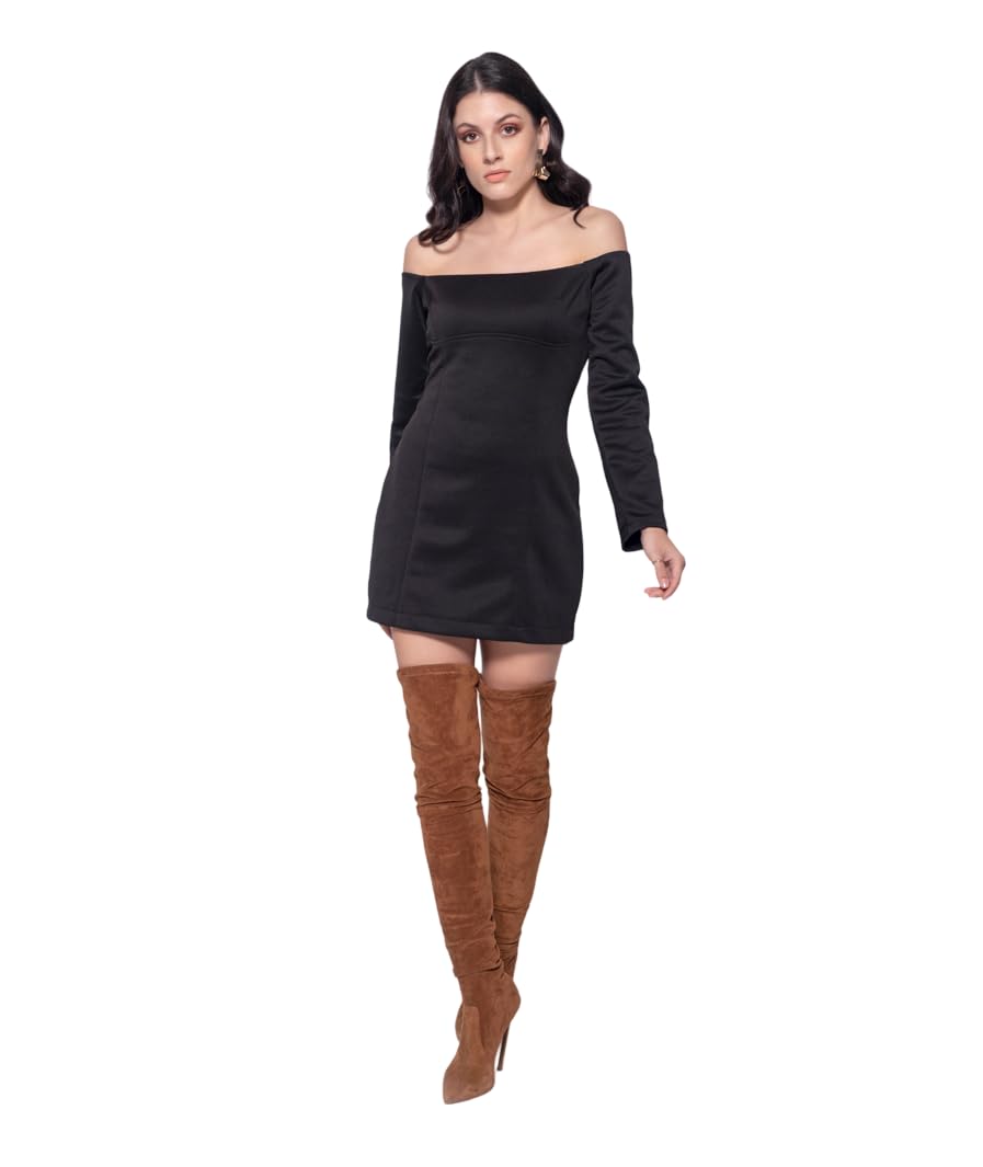 MARCEL & MAE Women's Off-Shoulder Mini Dress – Slim Fit Long Sleeve Bodycon Dress | Stretchy Ribbed Fabric, Elegant Fit Black Black