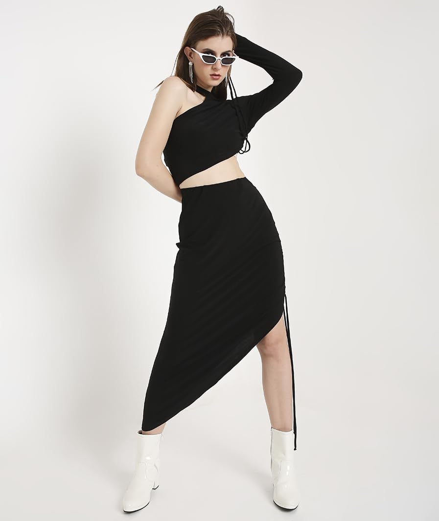 Ruched Drawstring Asymmetrical Midi Skirt