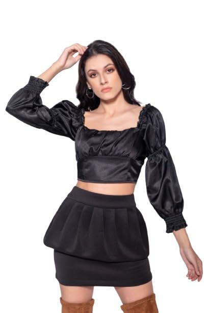 MARCEL & MAE Women's Satin Crop Top – Square Neck, Puff Sleeves, Ruffle Detail, Stylish Silky Blouse with Elegant Fit Black