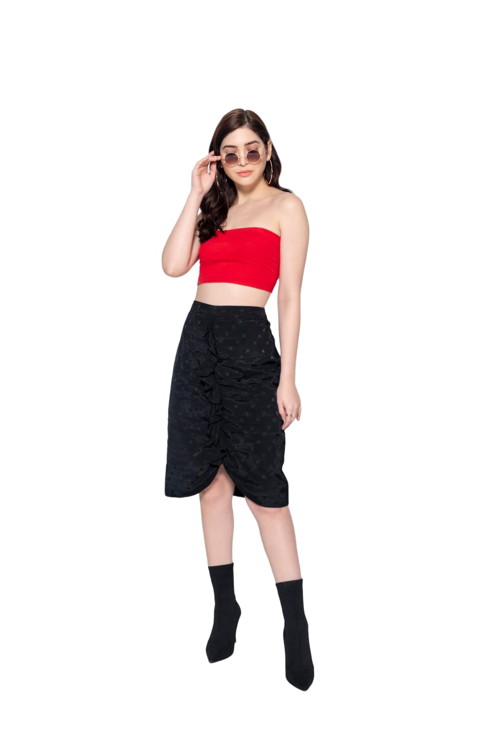 MARCEL & MAE Women's High-Waisted Ruched Wrap Frill Skirt | 100% Cotton Jacquard Midi Skirt | Elegant Draped Design for Party, Date Night & Casual Wear (US, Alpha, X-Small, Regular, Regular, Black)