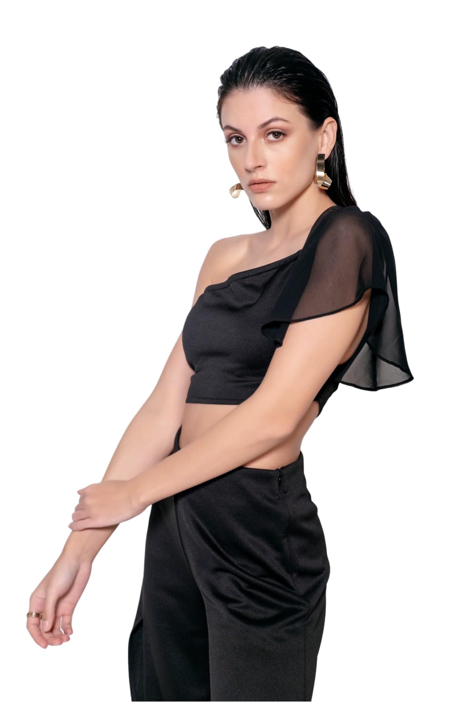 MARCEL & MAE Women’s Off-Shoulder Crop Top | Soft Georgette with with Flowy Bell Sleeve | Elegant & Trendy Casual Blouse (US, Alpha, X-Small, Regular, Regular, Black)