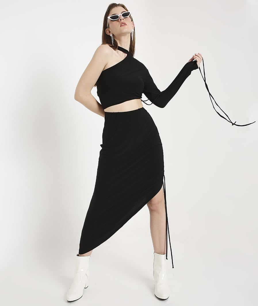 Ruched Drawstring Asymmetrical Midi Skirt