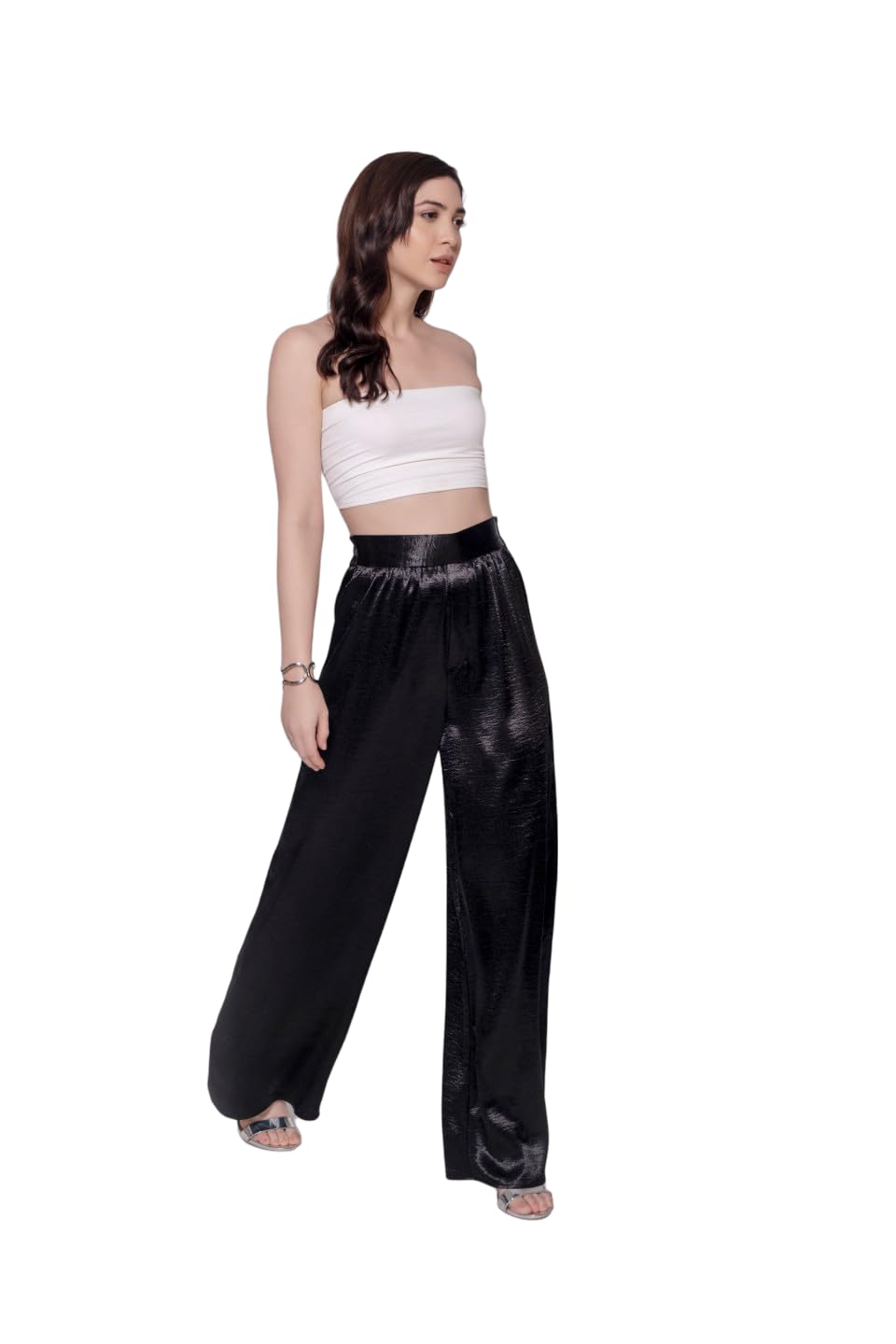 MARCEL & MAE Women's Satin Wide-Leg Pants | High-Waisted Flowy Trousers | Shimmer Finish for Party, Evening & Festive Wear (US, Alpha, X-Small, Regular, Regular, Black) Black