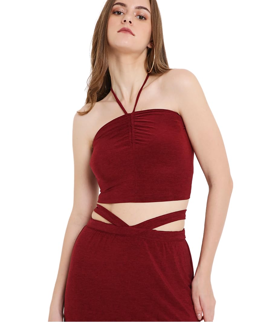 MARCEL & MAE Women's Ruched Halter Neck Crop Top | Sleeveless Stretchy Backless Summer Tank Top | Trendy Party & Casual Wear (US, Alpha, X-Small, Regular, Regular, Blue)