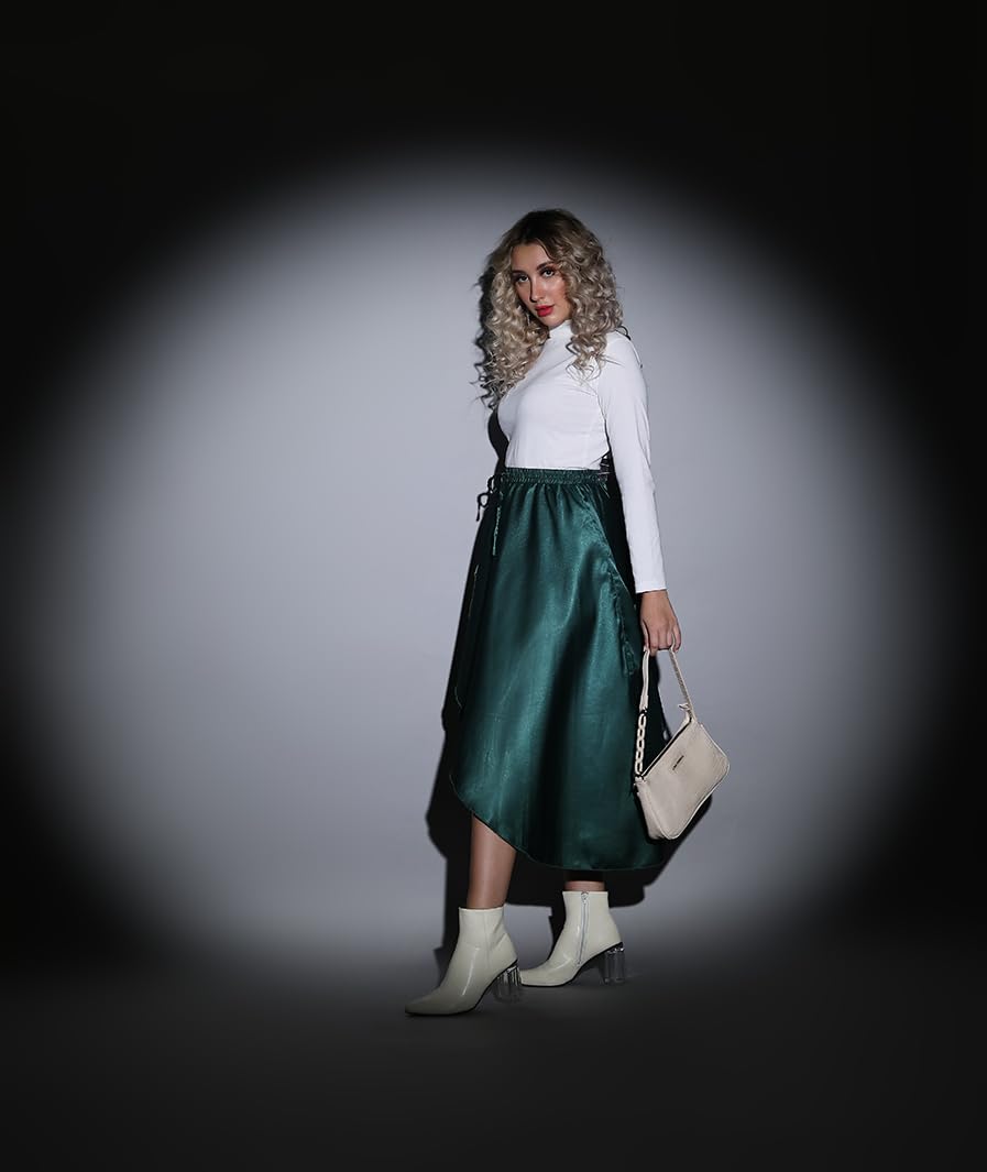 MARCEL & MAE Women’s Satin Flowy A-Line Midi Skirt | Fashionable High-Waisted Layered Wrap Skirt | Elastic Waist Party & Dressy Outfit (US, Alpha, X-Small, Regular, Regular, Black)