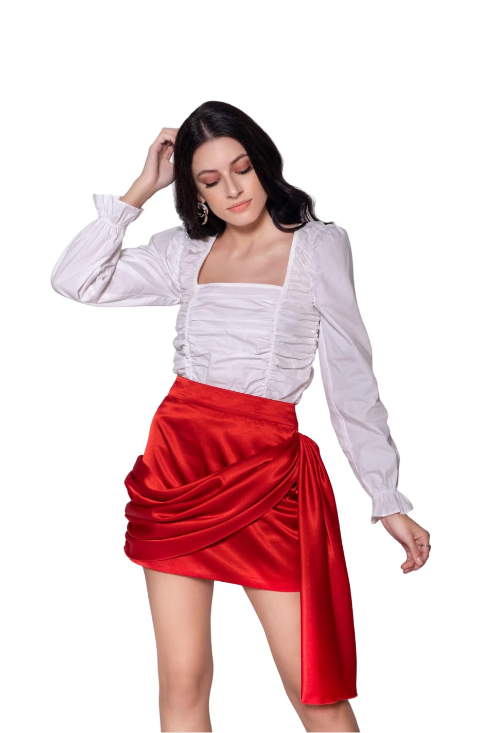 MARCEL & MAE Women's Square Neck Puff Sleeve Crop Top | 100% Cotton Ruched Blouse | Casual, Partywear, Evening, Clubbing (US, Alpha, X-Small, Regular, Regular, Black) White