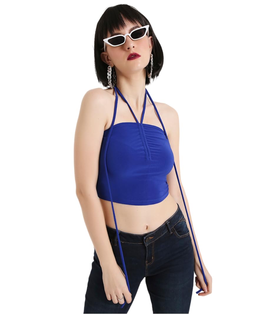 MARCEL & MAE Women's Ruched Halter Neck Crop Top | Sleeveless Stretchy Backless Summer Tank Top | Trendy Party & Casual Wear (US, Alpha, X-Small, Regular, Regular, Blue)