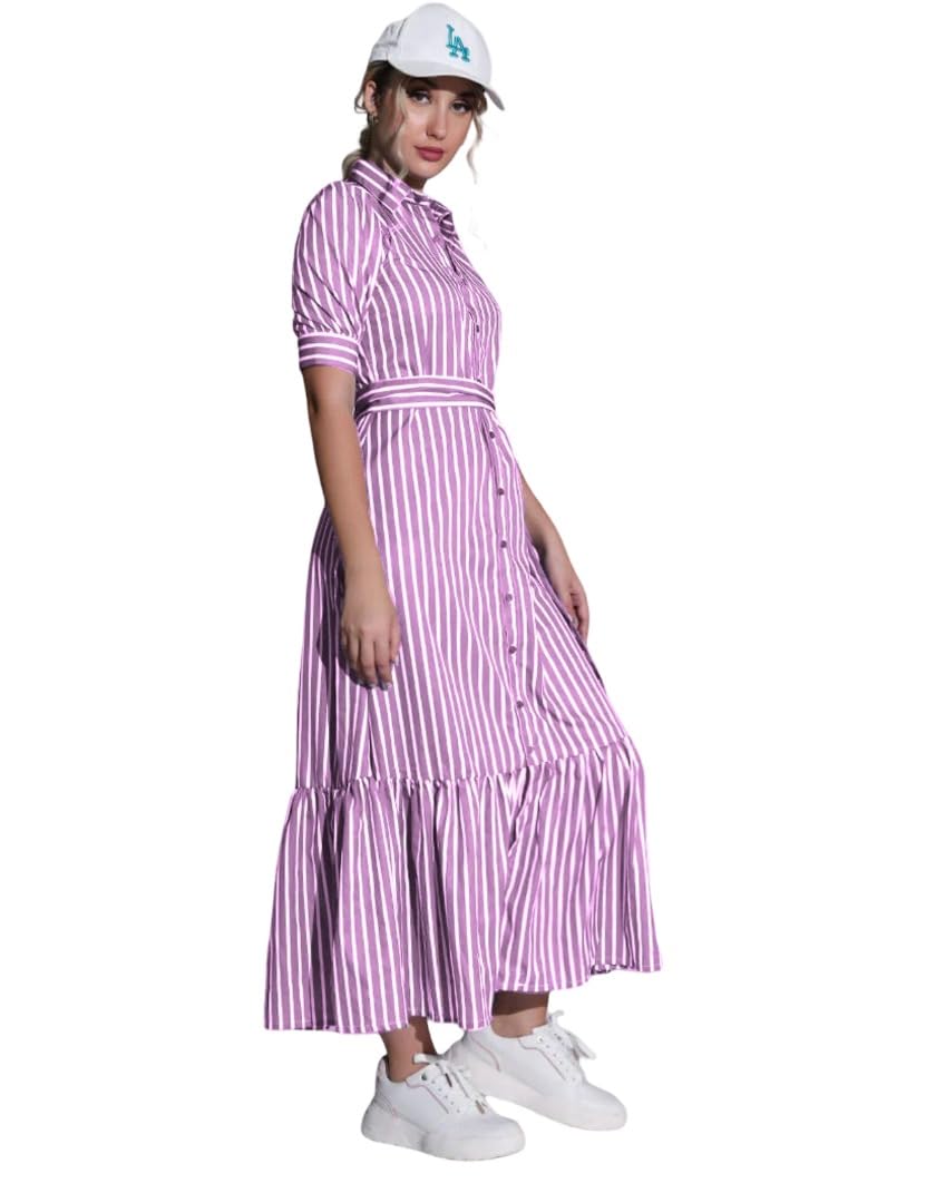 MARCEL & MAE Women's Striped Shirt Dress with Belt | Elegant Midi-Length A-Line Dress | Slim Fit Design (US, Alpha, Medium, Regular, Regular, Blue)