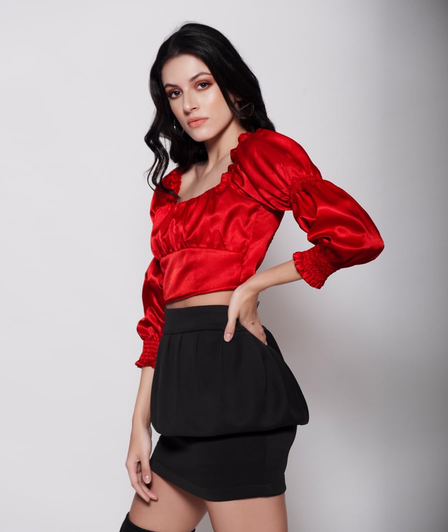 MARCEL & MAE Women's Satin Crop Top – Square Neck, Puff Sleeves, Ruffle Detail, Stylish Silky Blouse with Elegant Fit Black