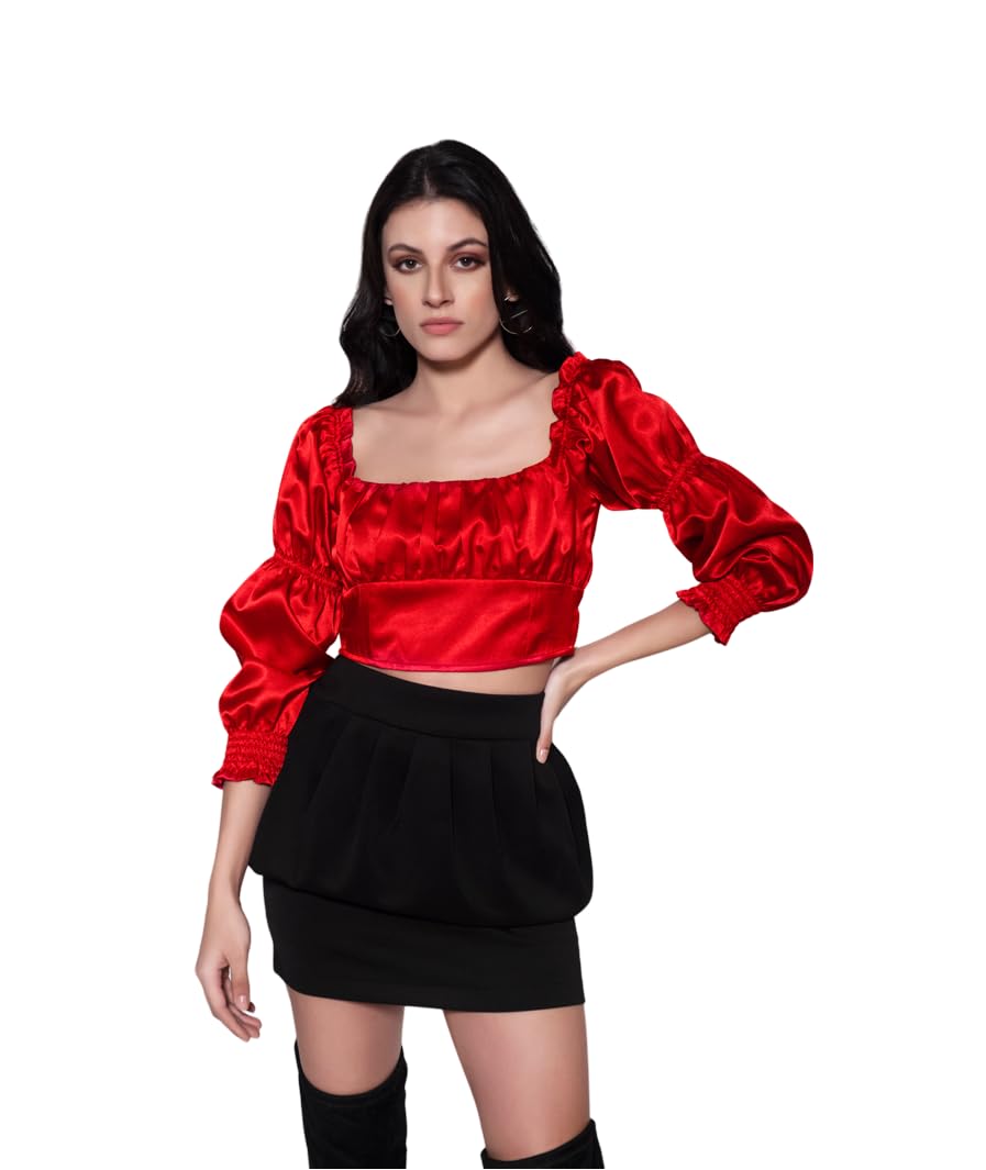 Square Neck Satin Puff Sleeve Top