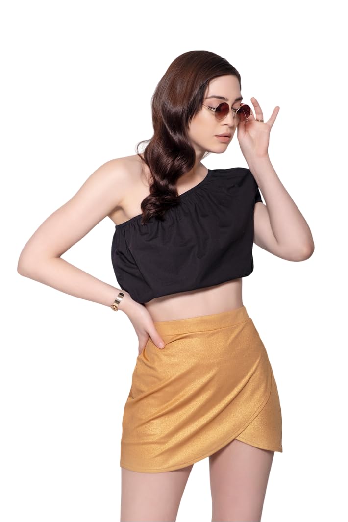 MARCEL & MAE │ One-Shoulder Balloon Sleeve Crop Top │ Puffy Blouse with Ruffle Hem │ Stylish & Flowy for Day-to-Night Looks (US, Alpha, X-Small, Regular, Regular, Black)