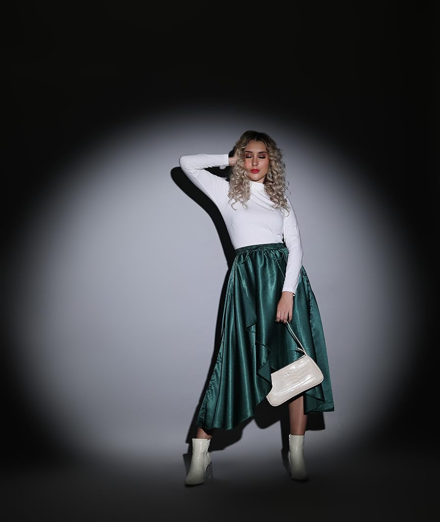 MARCEL & MAE Women’s Satin Flowy A-Line Midi Skirt | Fashionable High-Waisted Layered Wrap Skirt | Elastic Waist Party & Dressy Outfit (US, Alpha, X-Small, Regular, Regular, Black)