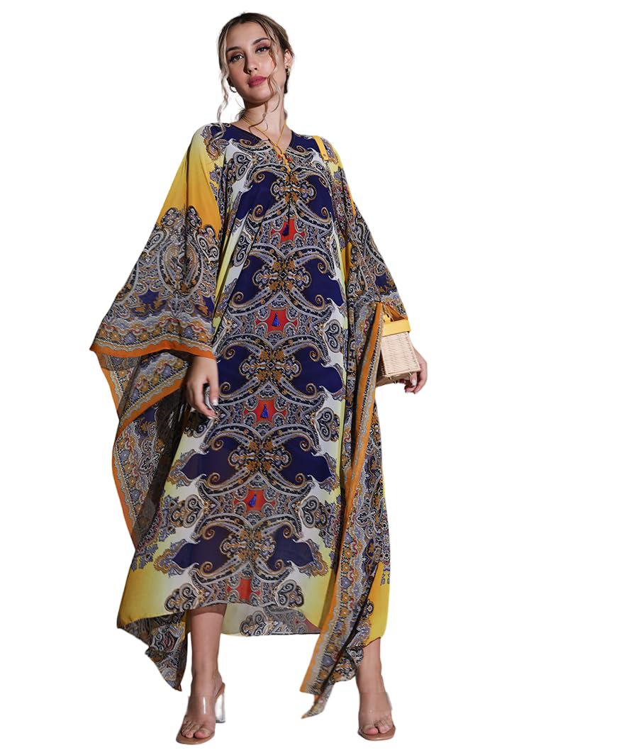 MARCEL & MAE Women's Yellow Abstract Print Kaftan Maxi Dress – V-Neck Kimono Sleeves Flowy Beach Party Wear Regular Fit (Size-Small/Medium)