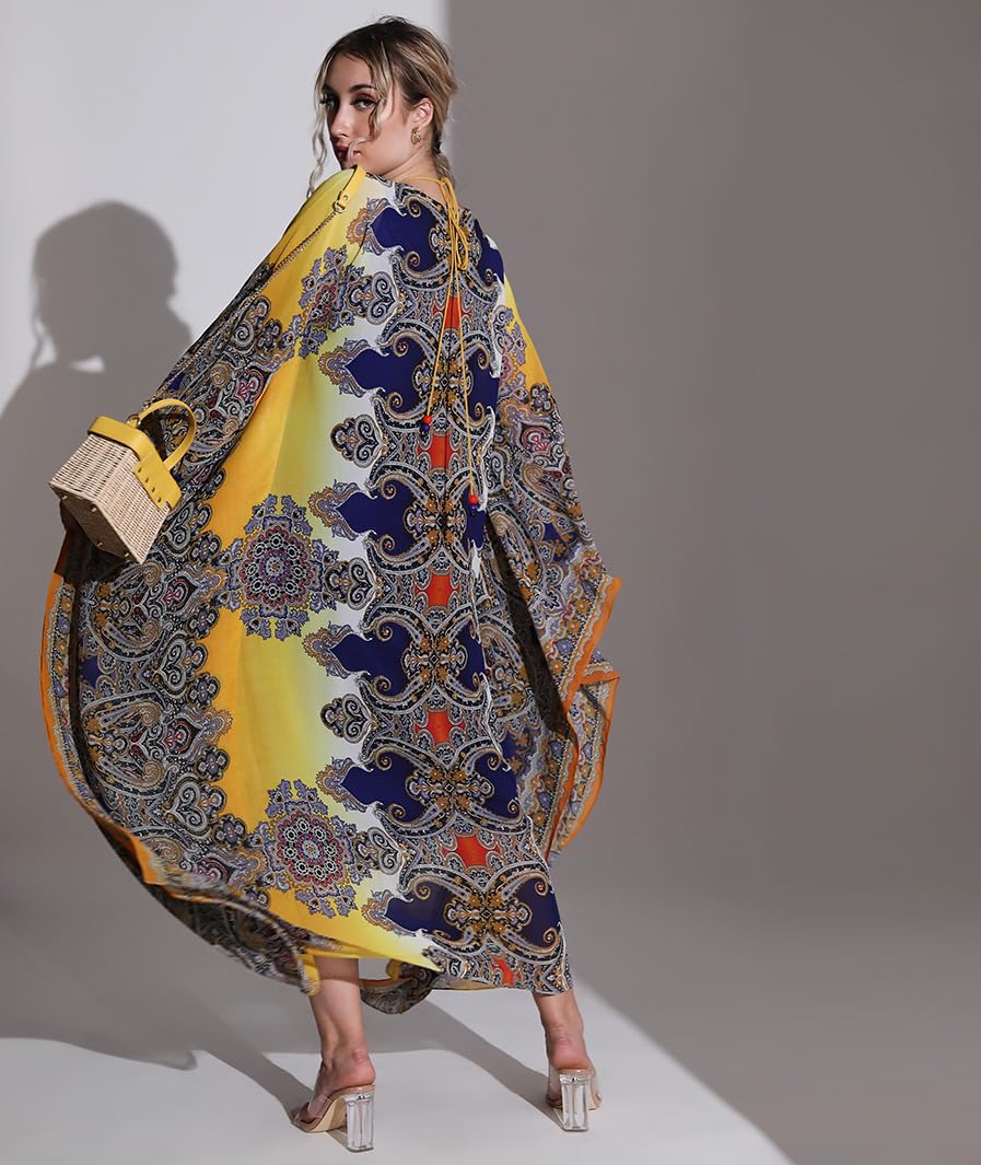 MARCEL & MAE Women's Yellow Abstract Print Kaftan Maxi Dress – V-Neck Kimono Sleeves Flowy Beach Party Wear Regular Fit (Size-Small/Medium)