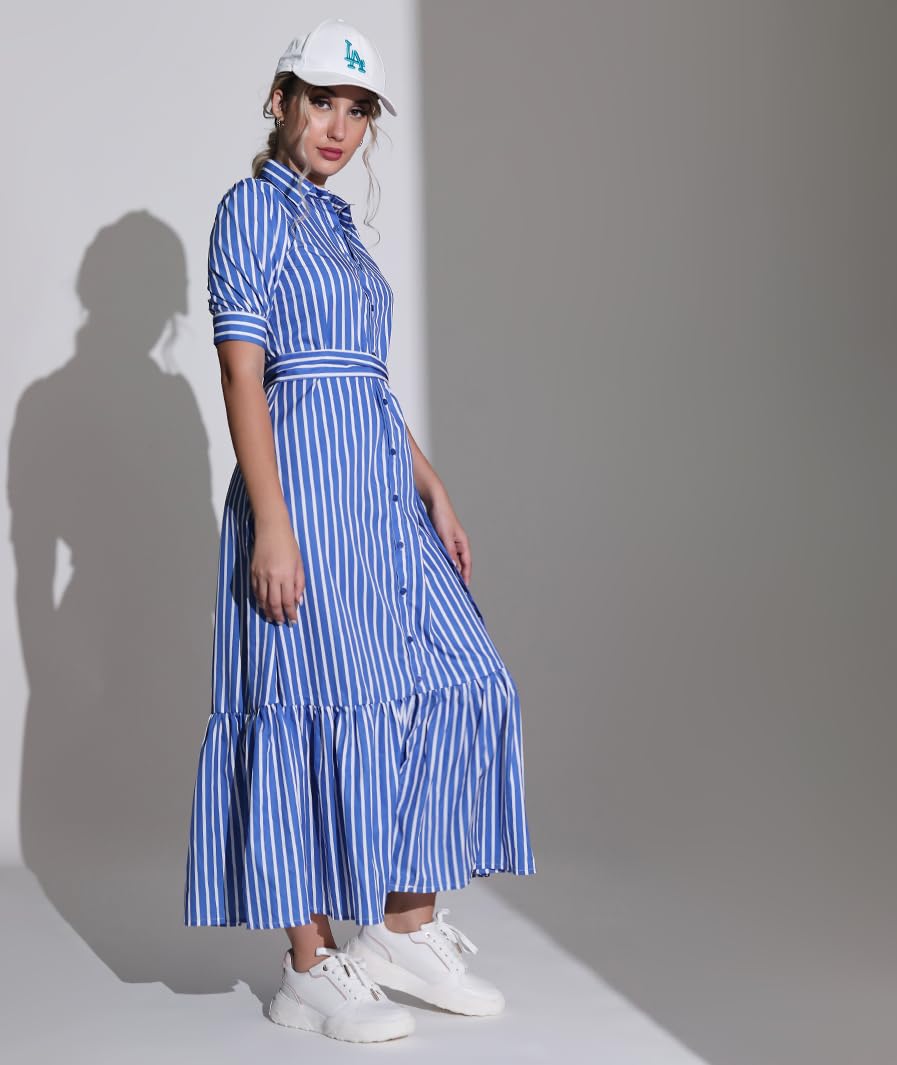 MARCEL & MAE Women's Striped Shirt Dress with Belt | Elegant Midi-Length A-Line Dress | Slim Fit Design (US, Alpha, Medium, Regular, Regular, Blue)