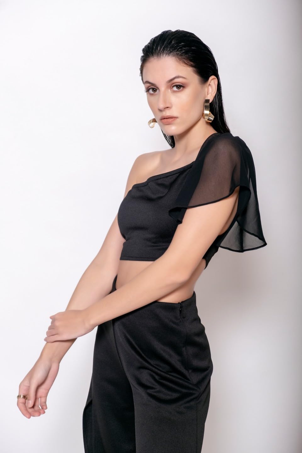 MARCEL & MAE Women’s Off-Shoulder Crop Top | Soft Georgette with with Flowy Bell Sleeve | Elegant & Trendy Casual Blouse (US, Alpha, X-Small, Regular, Regular, Black)