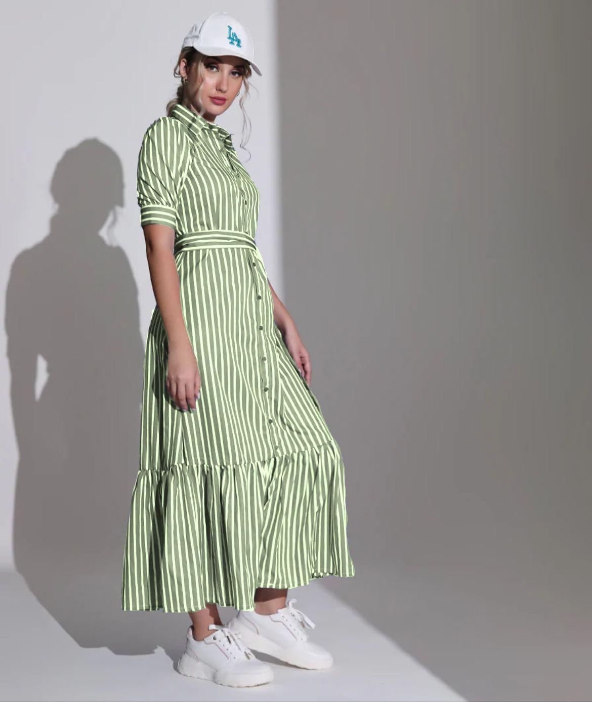 MARCEL & MAE Women's Striped Shirt Dress with Belt | Elegant Midi-Length A-Line Dress | Slim Fit Design (US, Alpha, Medium, Regular, Regular, Blue)