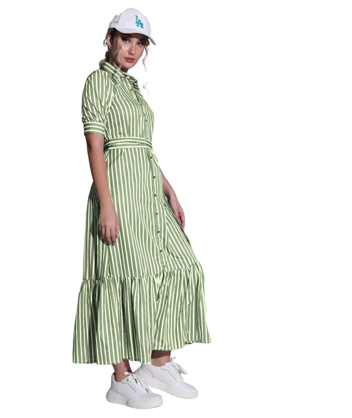 MARCEL & MAE Women's Striped Shirt Dress with Belt | Elegant Midi-Length A-Line Dress | Slim Fit Design (US, Alpha, Medium, Regular, Regular, Blue)