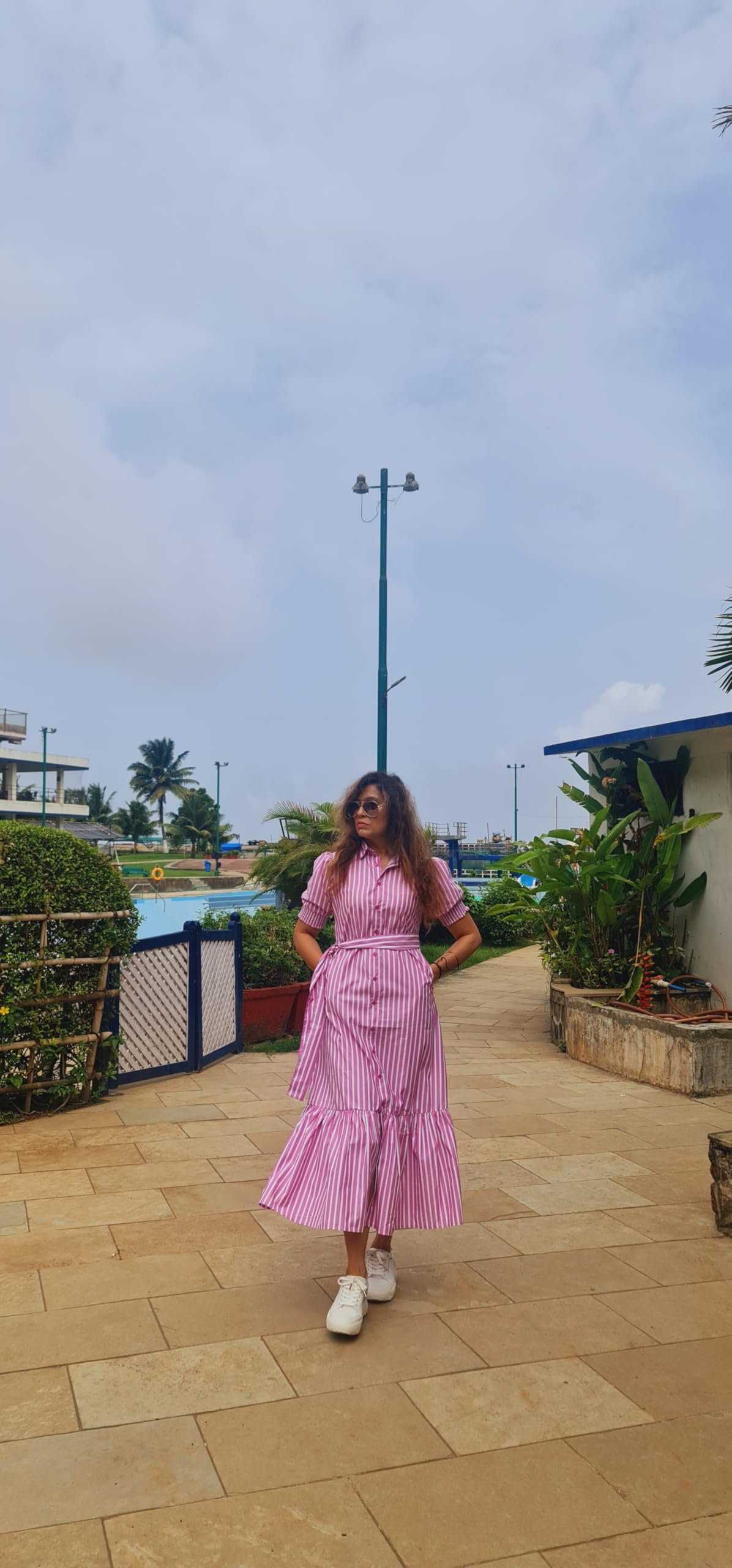 MARCEL & MAE Women's Striped Shirt Dress with Belt | Elegant Midi-Length A-Line Dress | Slim Fit Design (US, Alpha, Medium, Regular, Regular, Blue)