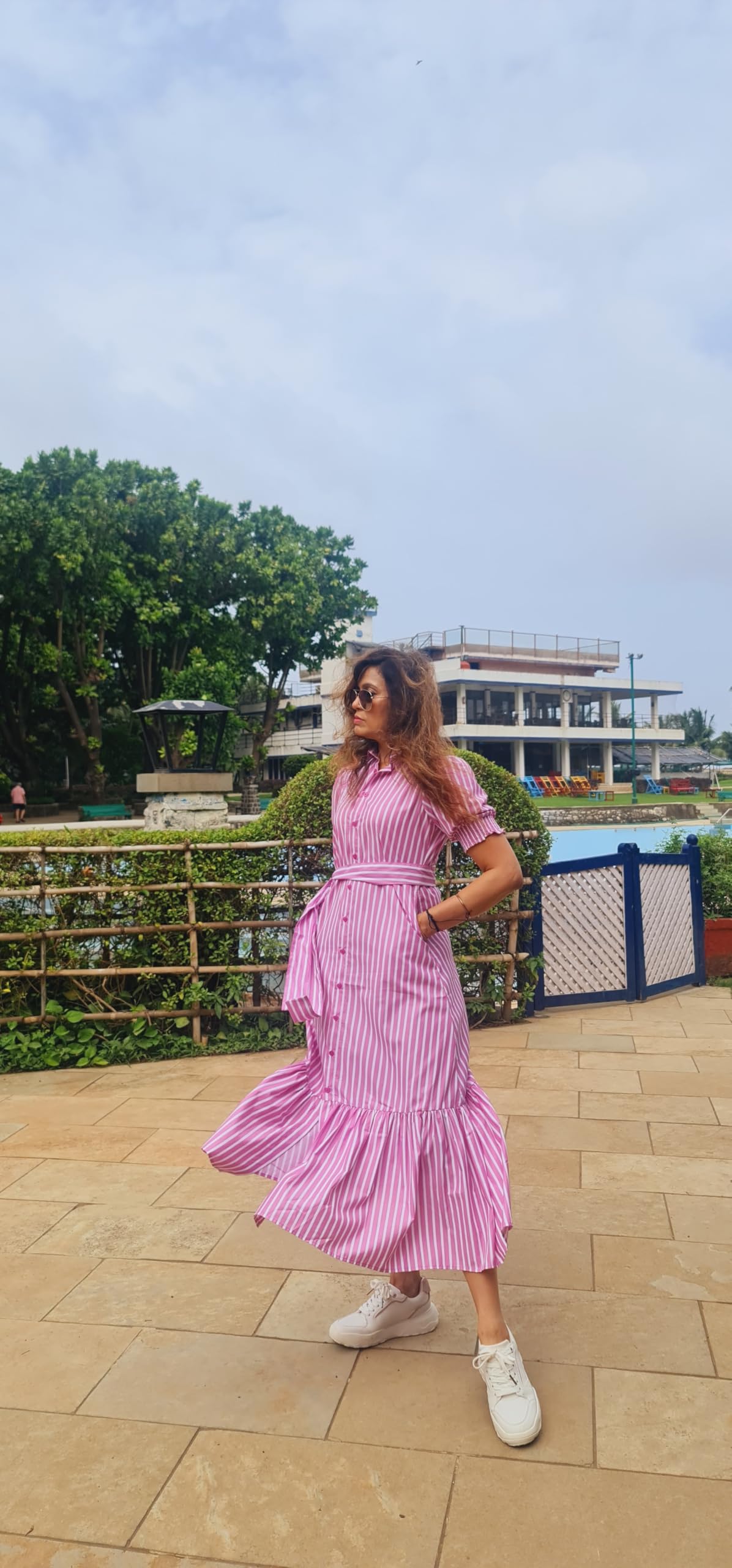 MARCEL & MAE Women's Striped Shirt Dress with Belt | Elegant Midi-Length A-Line Dress | Slim Fit Design (US, Alpha, Medium, Regular, Regular, Blue)