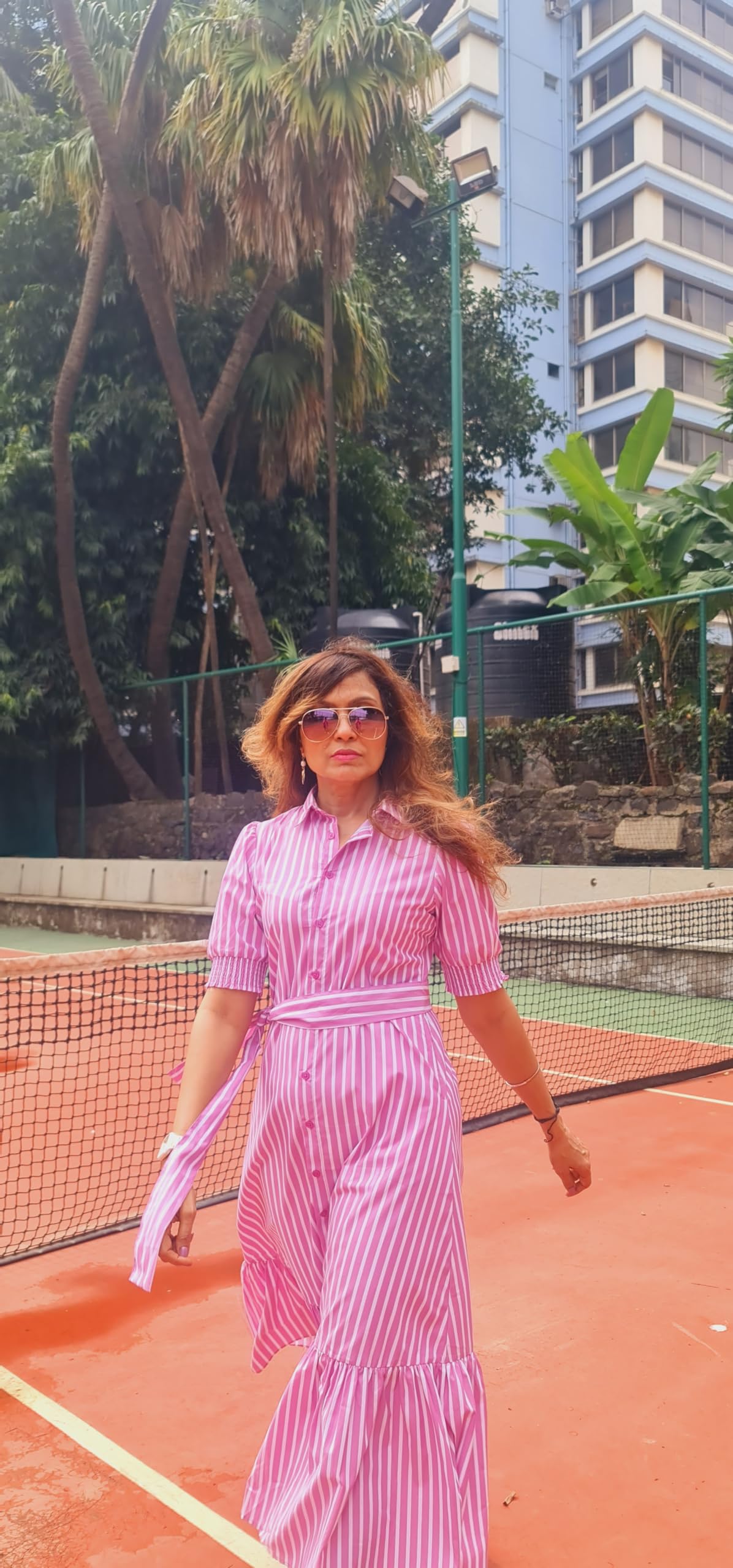 MARCEL & MAE Women's Striped Shirt Dress with Belt | Elegant Midi-Length A-Line Dress | Slim Fit Design (US, Alpha, Medium, Regular, Regular, Blue)