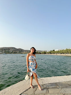 Blue Floral Beach Crop Top + Front Slit Skirt Set