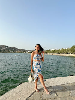 Blue Floral Beach Crop Top + Front Slit Skirt Set