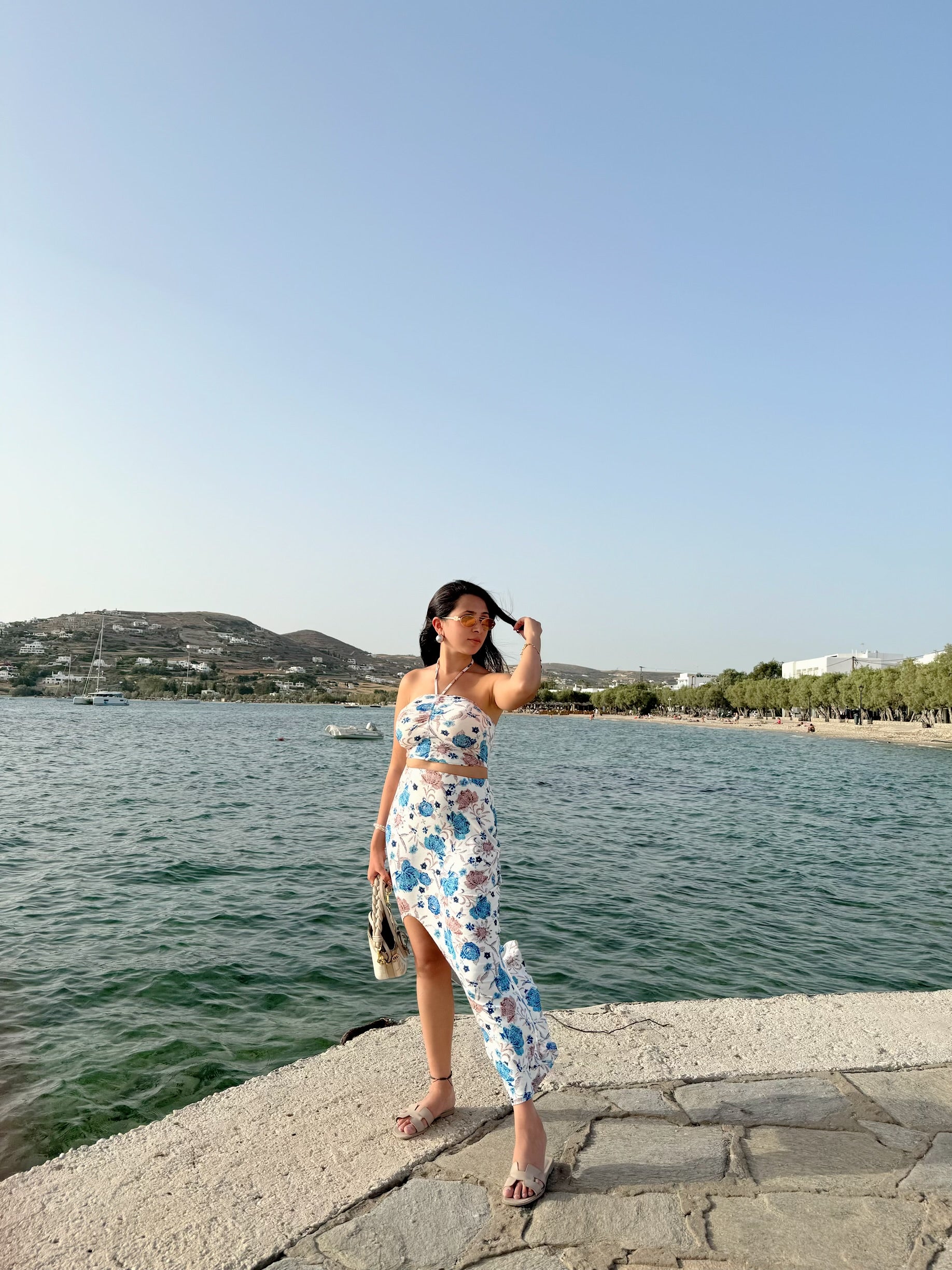 Blue Floral Beach Crop Top + Front Slit Skirt Set