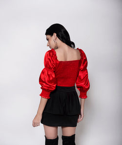 Red Satin Crop Top + Black Peplum Mini Skirt