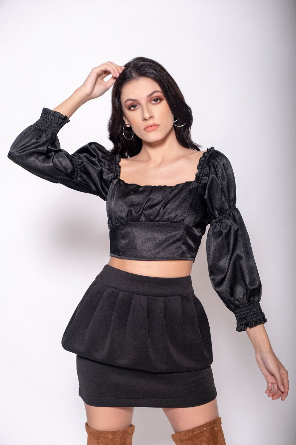 Square Neck Satin Puff Sleeve Top