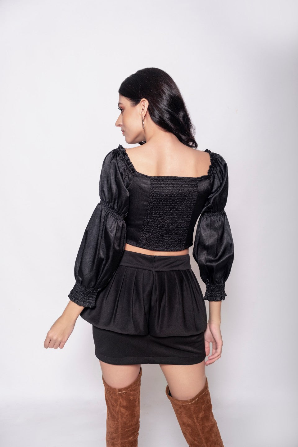 Square Neck Satin Puff Sleeve Top