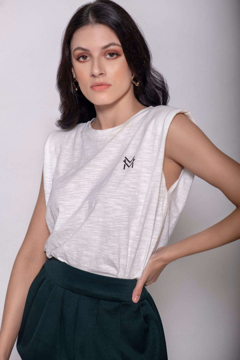 White Knit Top with Shoulder Pads