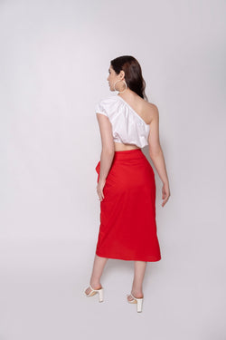 White Balloon Crop Top + Red Wraparound Style Skirt