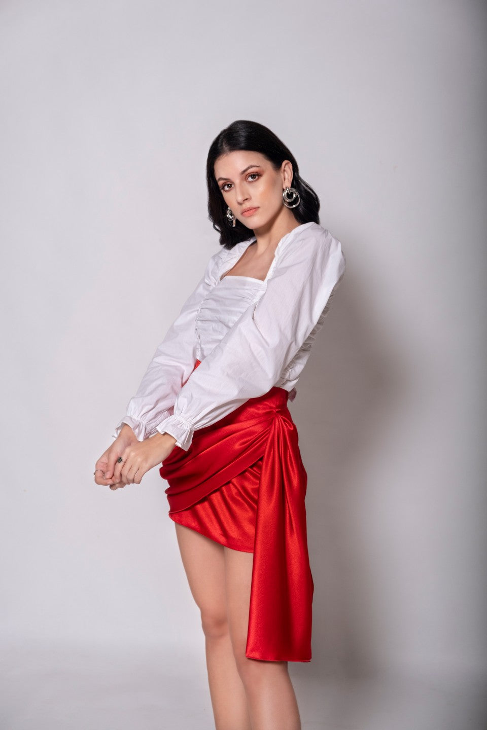 White Puff Sleeves Top + Red Satin Mini Cowl Skirt