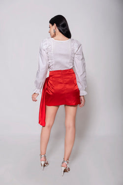 White Puff Sleeves Top + Red Satin Mini Cowl Skirt