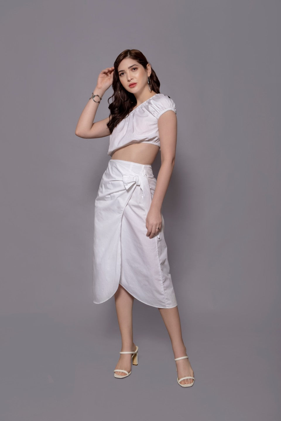 White Balloon Crop Top + White Wraparound Style Skirt