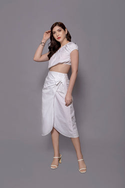 White Balloon Crop Top + White Wraparound Style Skirt