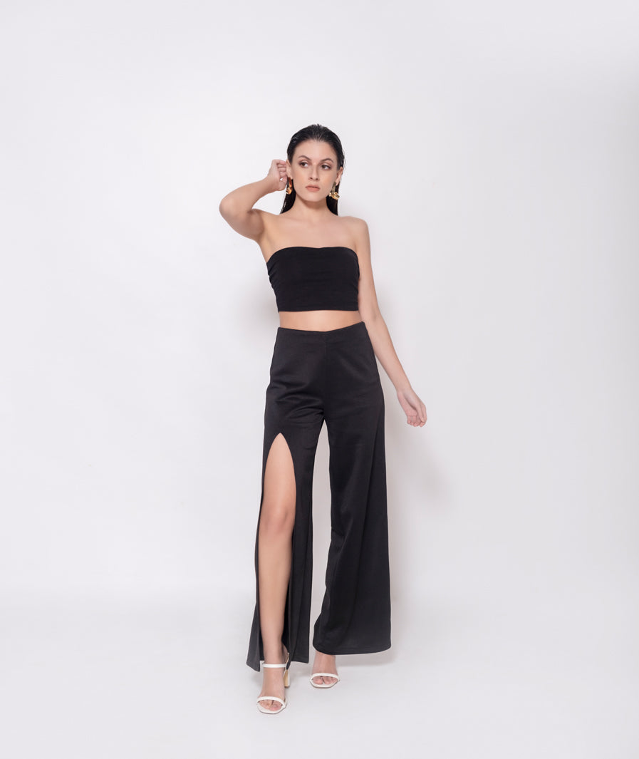 Black Georgette Top + High Slit Pants Set